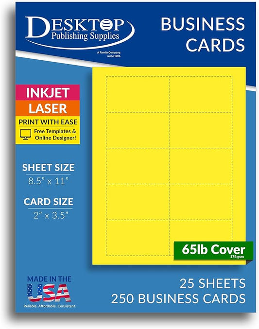 Colored Business Cards - 25 Sheets / 250 Business Cards - Inkjet & Laser - 10 per sheet (Bright Yellow)