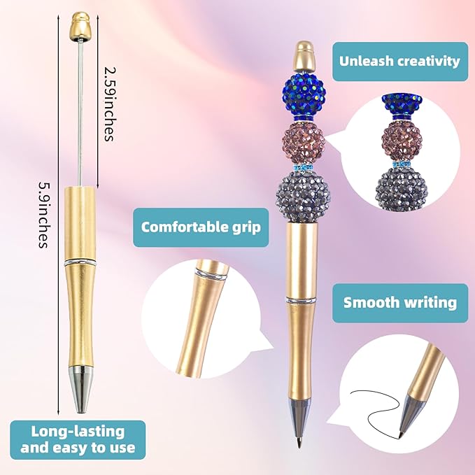 15 Pieces Beadable Pens - Beaded Pens Plastic Diy Black Ink Ballpoint Pens Bulk - Bead Pens Suitable For Teacher, Students, Office, School, Graduation Gift Supplies（Golden）