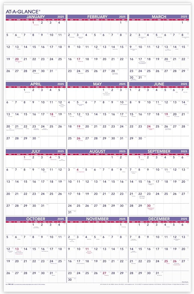 AT-A-GLANCE 2025 Wall Calendar, Monthly, 24" x 36", Extra Large, Paper (PM122825)