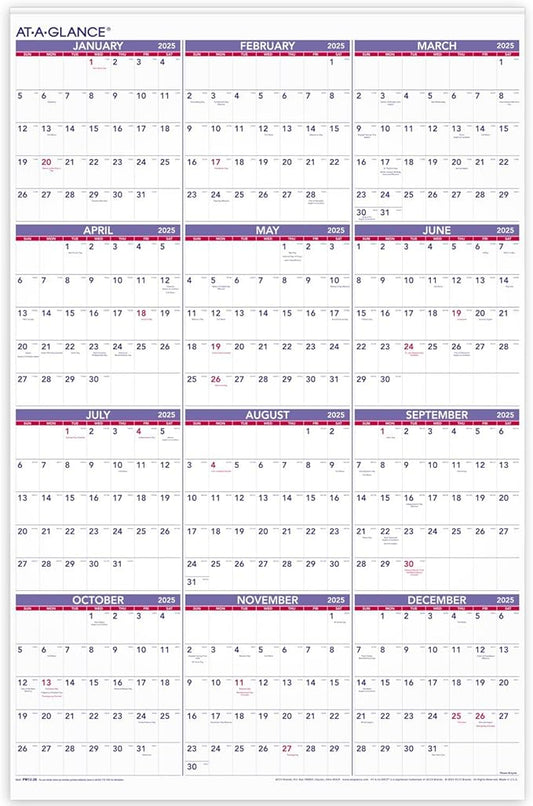 AT-A-GLANCE 2025 Wall Calendar, Monthly, 24" x 36", Extra Large, Paper (PM122825)