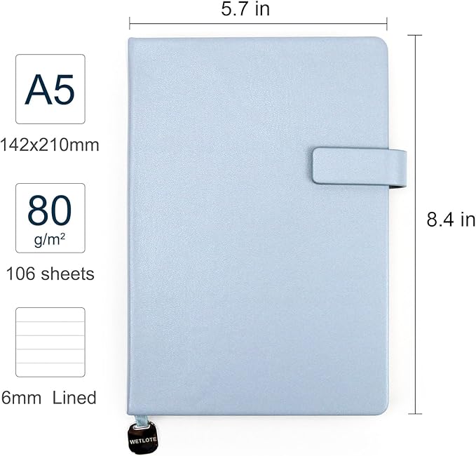 A5 Hard Cover Notebook with Pen Holder, Gold Edges & 180° Lay Flat - Large 5x8.25 Lined, Bookmark, Gift Box - Durable Journal for Office, Study, Travel - Writers, Students (Light Blue)