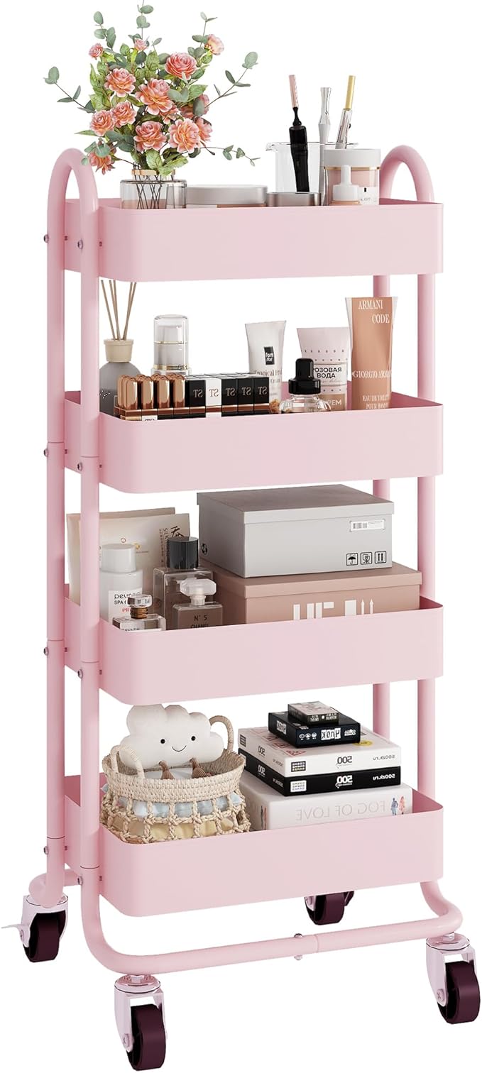 4-Tier Pink Rolling Cart,Metal Utility Rolling Cart with Handle,Multifunction Rolling Carts with Wheels,Kitchen Storage Carts Suitable for Office,Home,Kitchen,Garden（13.4"x18.1"x40"） Pink