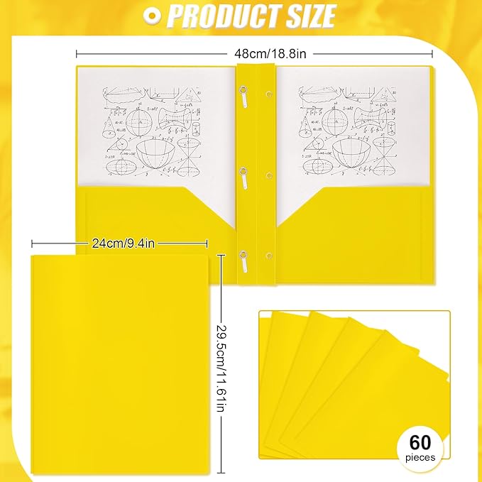 Yeaqee 60 Pcs Plastic Folders with Pockets and Prong Plastic Folders with 2 Pockets Pocket for Office, School for Students, Teachers, Office Workers (Yellow)