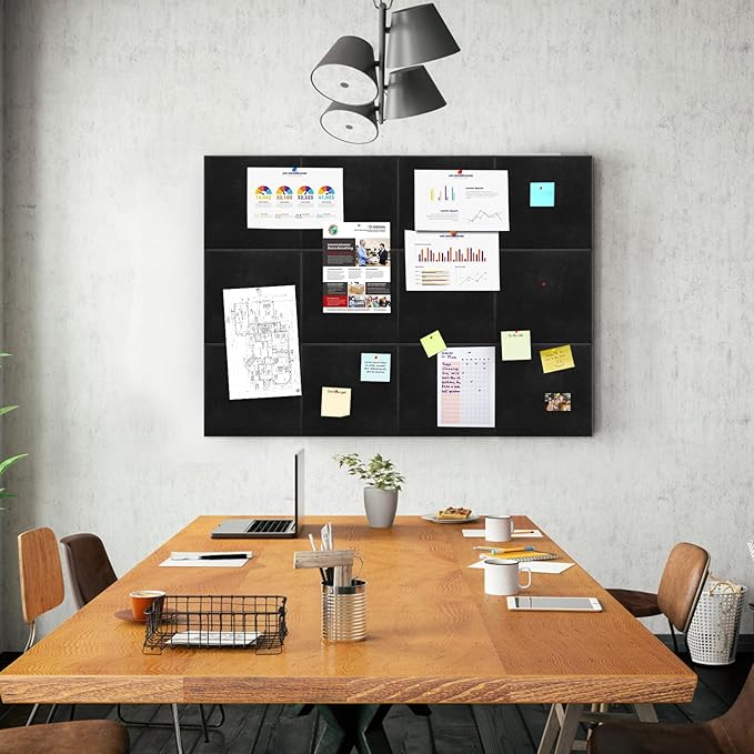 YOUEON 12 Pcs Black Felt Bulletin Board for Wall 12" x 12", Black Cork Board Alternative with Pushpins & Self Adhesive Stickers, Soundproof Wall Tiles, Pin Boards for Home Office School