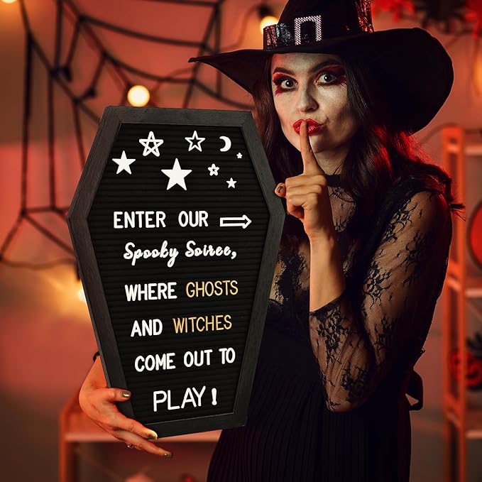 Halloween Coffin Letter Board Black, 725 Pre Cut & Sorted Characters and Wooden Stand, Spooky Wall Decor, Gothic Decor, Spooky Gifts, Halloween Decorations