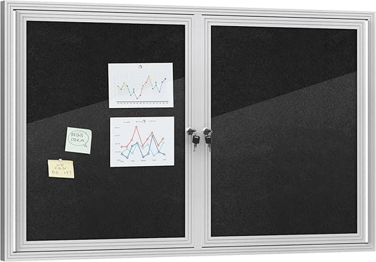48"x30" Enclosed Bulletin Board, Outdoor Lockable Weather-Resistant Aluminum Cork Noticeboard for School & Office, Silver Frame w/Black Flet