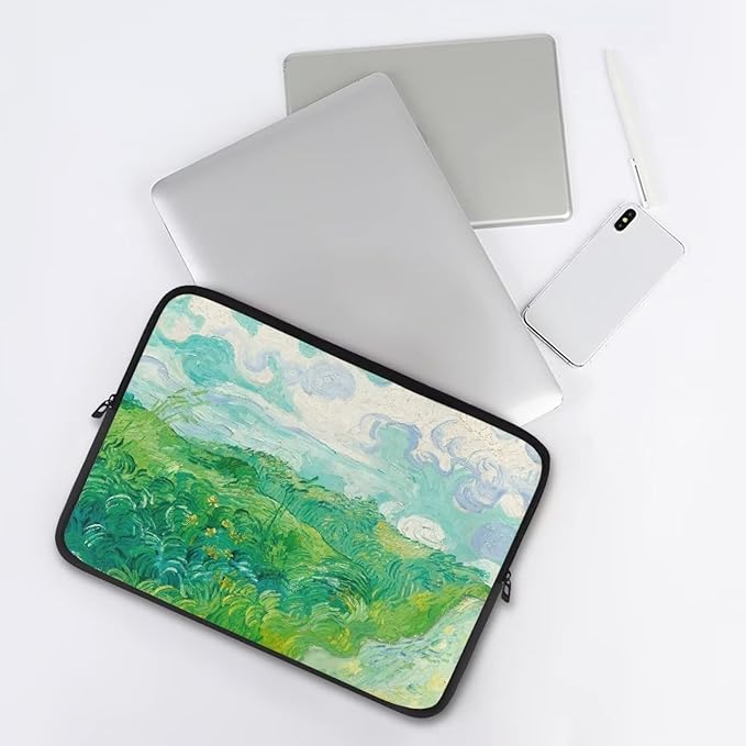 Green Wheat Fields Laptop Sleeve Case for Women Men Trendy Van Gogh Painting Laptop Protector with Multiple Uses Made of Premium Neoprene Material 10 Inch Tablet Bag for Friends