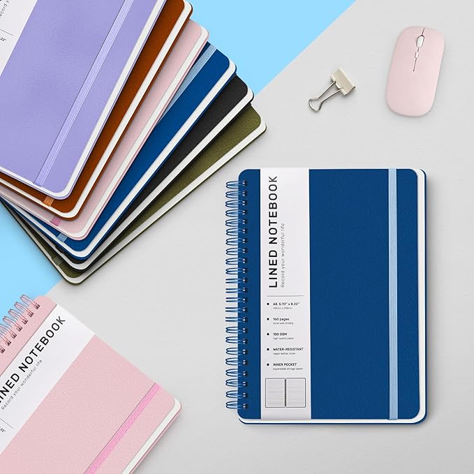 ABERLLS Blue Lined Spiral Journal Notebook with 160 Pages, 8×5.7in, A5 Spiral Notebook, Journaling Notebooks for Work, School, Women, Men, College Ruled Spiral Notebook, Hardcover Leather Journals