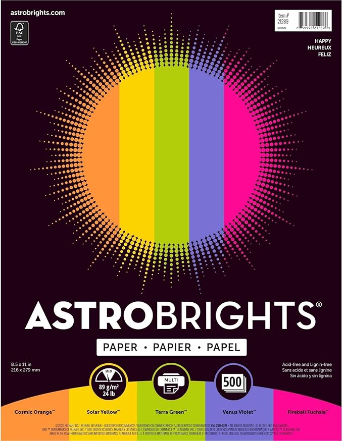 Neenah Astrobrights(R) Bright Color Paper, 8 1/2in. x 11in., 24 Lb, Assorted Colors, Ream Of 500 Sheets, 21289