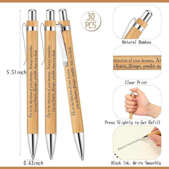 Kosiz 60 Pcs Graduation Gifts Motivational Mini Journal Inspirational Bamboo Pen Kraft Notebooks Bulk Wooden Retractable Ballpoint Pen for Class of 2025 College Gifts (Wooden)