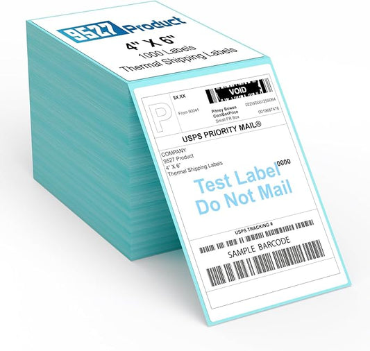 9527 Product Fanfold 4 x 6 Direct Thermal Labels with Blue Background Paper Perforated Shipping Labels for Thermal Printers, 1000 Label per Stack, 1 Stack