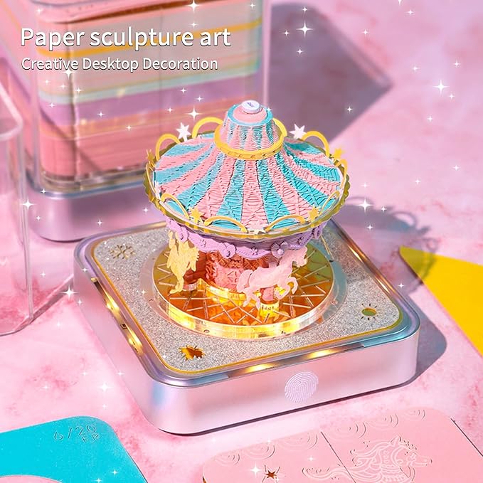 Time Piece Calendar,3D Art Calendar Memo Pad 2025 Creative Desk Calendar with Light,Carousel Rip Away Paper Carving 3D Memo Pad Art Notepad Christmas Gift