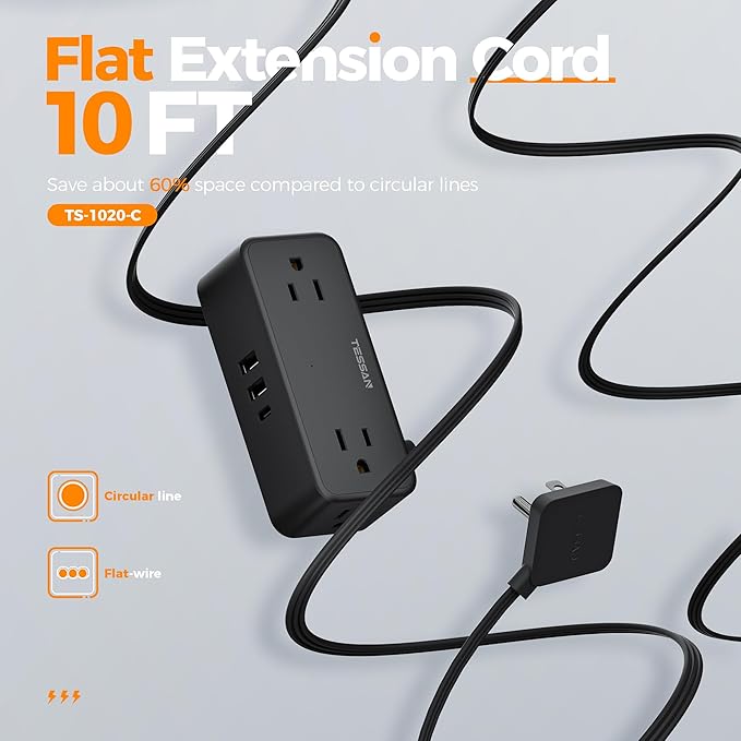 Extension Cord 10 FT with Multiple Outlets, TESSAN Flat Plug Power Strip Surge Protector with 4 Wide Spaced AC Outlets 3 USB Ports(1 USB C), Surge Protection for Home Office Dorm Room, Black