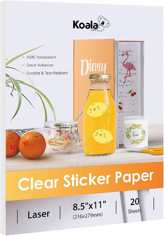 Koala Printable Clear Sticker Paper - ONLY for LASER Printer - 8.5x11 Inch 20 Sheets Full Sheet 100% Transparent Label Paper for DIY Personalized Decals, Labels