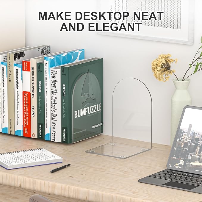 Acrylic Bookends 8 Pieces, Book Ends for Shelves, Clear Bookends for Book Shelves and Desktop Organizer, Transparent Bookends to Hold Books for Home Office Supplies