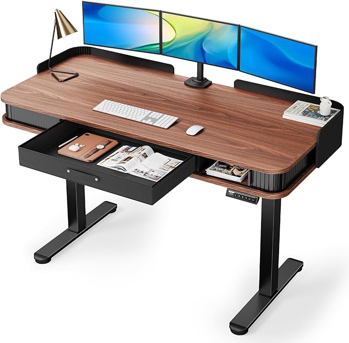Marsail Electric Standing Desk Whole-Piece Desktop 55 x 28 Inches Height Adjustable Desk with 3 Drawers Home Office Table with 3 Memory Preset