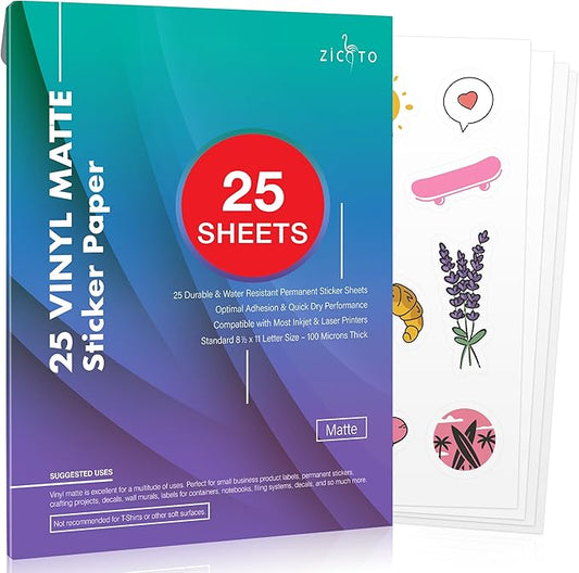 Premium Printable Vinyl Sticker Paper for Your Inkjet and Laser Printer – 25 Matte White Waterproof Decal Paper Sheets - Dries Quickly and Holds Ink Beautifully - Accessories Set for Cricut