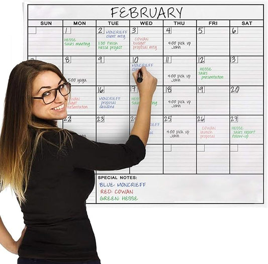 Jumbo Dry Erase Laminated Wall Calendar, Huge 36 Inch by 48 Inch Size, Monthly Planner for Home Office Classroom, Large Date Boxes, Reusable PET Film, Never Folded, 5 Markers, 8 Tacks, 1 Eraser white