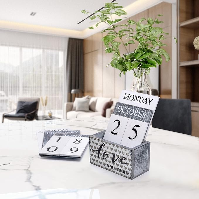 Notakia Perpetual Calendar Wooden Calendar Blocks Vintage Wood Block Calendar for Home Office Desk Accessories Week Month Date Display (Love you more)