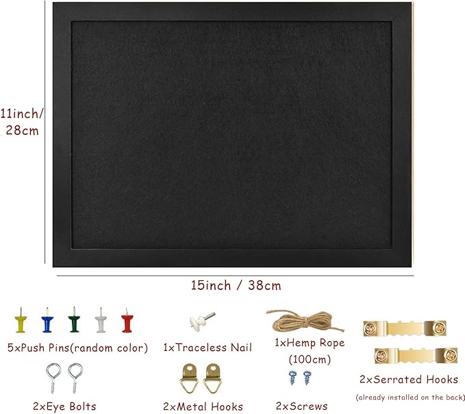 Black Bulletin Boards Cork Board with Felt, 15"x11" Small Display Pin Board Vision Board for Walls, Jewelry, Notes, Collection, Photos, Office, Wood Framed(Black) & Felt(Black), 1pc
