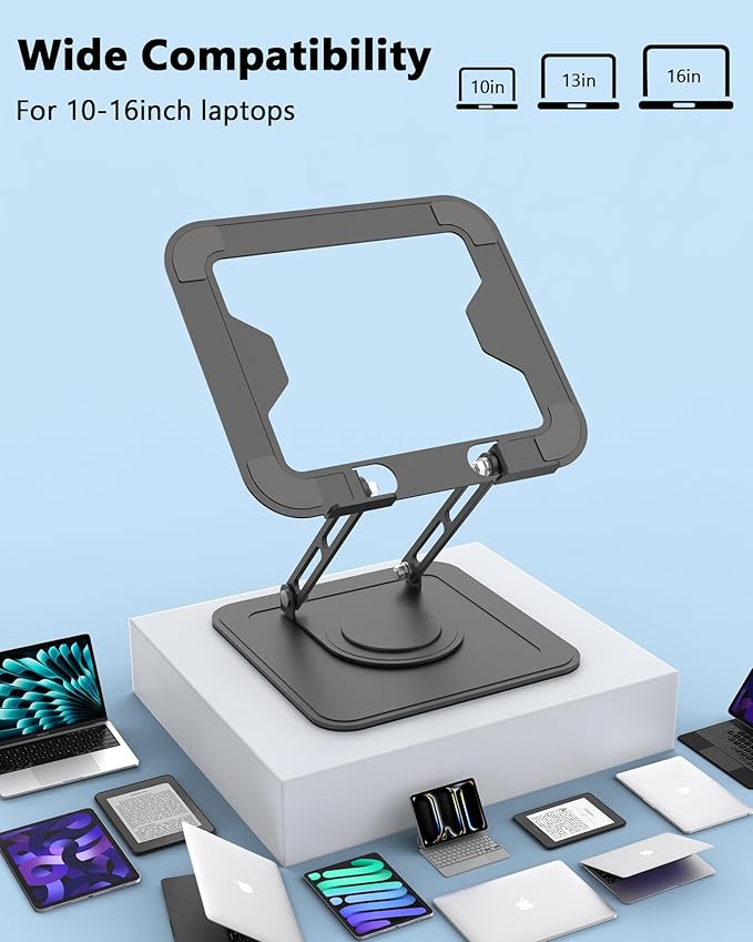 Adjustable Laptop Stand, Computer stand with 360 Rotating Base, Ergonomic Laptop Riser for Desk Foldable Laptop Mount Protable Computer Stand for Laptop Fits with MacBook Pro Air (10-16") - Black