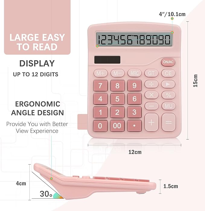 Desk Calculator,Cute Caculator with Dual Power Source,Basic Calculators Desktop with 12 Digit Large LCD Display Big Buttons Simple Financial Calculator for Office Home School(Pink)