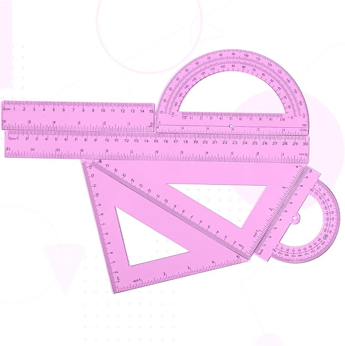 Tenare 6 Pcs Plastic Ruler Math Set Includes 12 Inch 6 Inch Straight Ruler Protractor Triangle Rulers Geometry Transparent Math Ruler Measuring Tools for School Office Home(Pink)