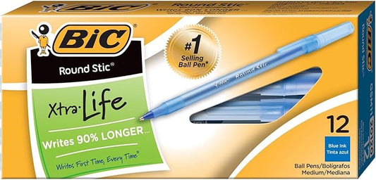 BIC Round Stic Xtra Life Blue Ballpoint Pens, Medium Point (1.0mm), 12-Count Pack of Bulk Pens, Flexible Round Barrel for Writing Comfort, No. 1 Selling Ballpoint Pens
