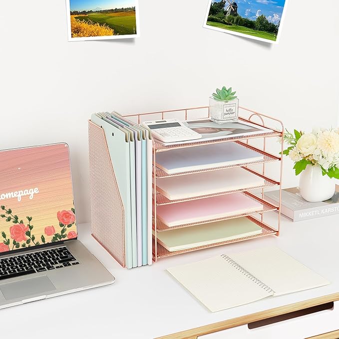 OPNCIE Desk Organizers and Accessories, 5 Tier Paper Letter Tray File Organizer, Office Organization Storage Desk Accessories Workspace Desktop Organizer for Classroom Office Supplies Decor(Rose)