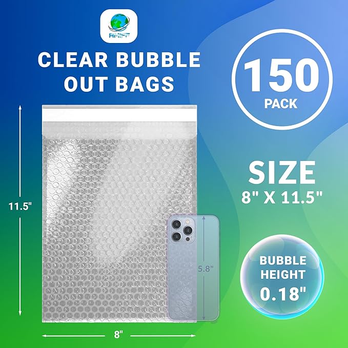 Clear Bubble Out Bags, 8 x 11.5 Inches. 150 Pack Self Seal Bubble Pouches. Polyethylene Clear Bubble Bags for Packing. Waterproof Clear Bubble Out Pouches for Fragile Things