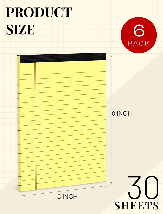 Yellow Note Pads 5x8 Small Legal Pads College Ruled Notepad for Office 6 Pack Yellow Writing Pads 5x8 Narrow Ruled Paper Pads 25 Lines 80 GSM Paper Tablets 5x8" Lined Notepads With 30 Sheets Per Pad