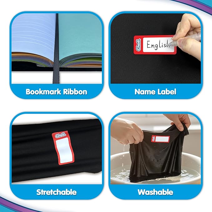 Chell Black Fabric Jumbo Book Covers 9"x11", Book Sox Up to 10"x12.5", Textbook Covers, Stretchable and Reusable Book Protector, Pack of 6