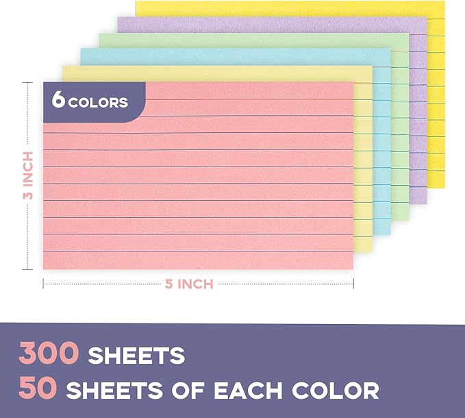 Colored Lined Index Cards 3x5 Ruled-Goefun 300 Sheets Lined Note Cards 3 x 5 Color Flashcards for Studying, Note Taking, To Do List