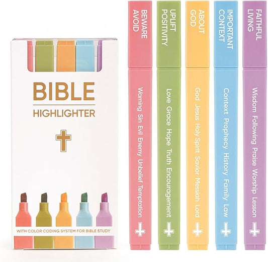 Bible Highlighters with Highlighting System, Chisel Tip No Bleed Highlighters for Bibles, Aesthetic Highlighter Marker Set in Assorted Colors for Bible Study Journaling [5 Pack]
