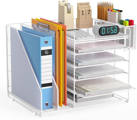 Desk Organizer, 6 Tier File Organizer Paper Tray with File Holder Pen Holder, Mesh Office Desk Accessories & Workspace Organizers (White)