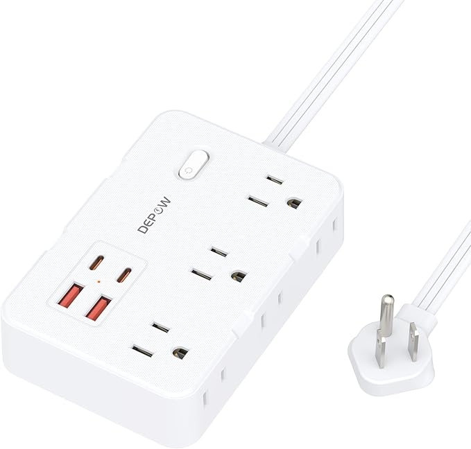Surge Protector Power Strip with Flat Plug, 3 FT Extension Cord with 6 AC Outlets 4 USB Ports,1050J Surge Protection, Wall Mountable Charging Station for Office, Home, White