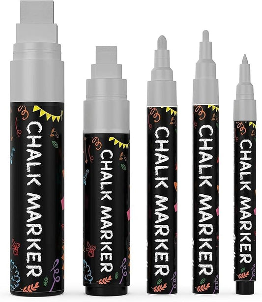 5 Silver Chalkboard Chalk Markers - Silver Dry Erase Markers for Blackboard, Chalkboard Signs, Windows, Glass | Variety Pack - Fine & Jumbo Size Ink Pen (1mm, 3mm, 6mm, 10mm, 15mm)