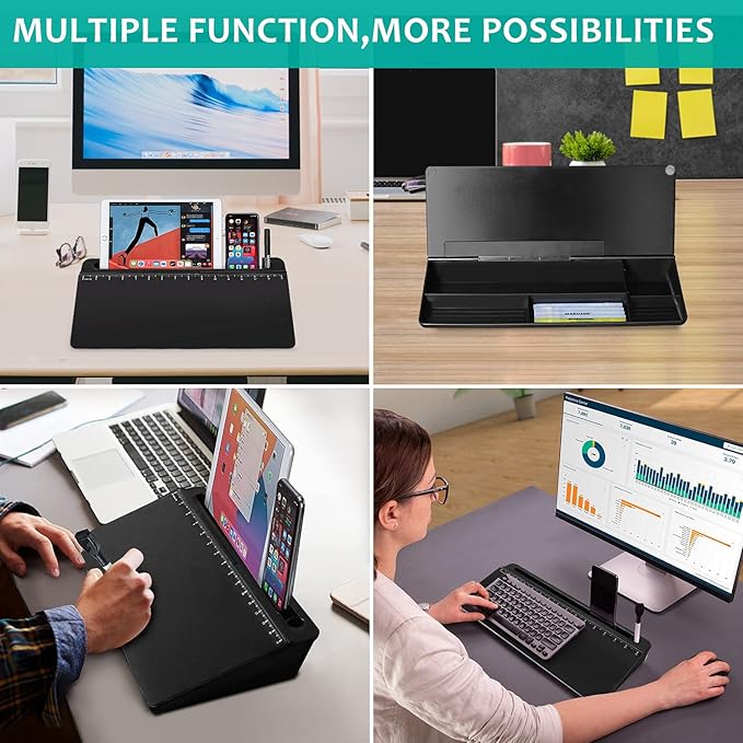 Desk Whiteboard Dry Erase Glass Whiteboard with 15“ Ruler Marker,Tilted Notepad Computer Keyboard Stand with Black Dry Erase Board Surface, Desktop White Board to-do List Memo Notepad,Black