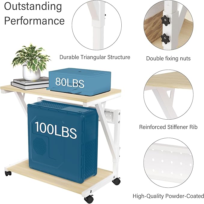 Computer Tower Cart - Height Adjustable PC Stand, 2-Tier ATX-Case CPU Holder Home Office Gaming Desk Accessories with Rolling Lockable Wheels, Laptop Table Standing Computer Desk, Natural White