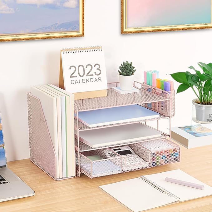 Desk Organizers and Accessories, Desk Accessories & Workspace Organizers for Office Supplies, File Organizer Desk Drawer Organizer with 2 Pen Holders, 4 Tier Paper Organizer for Desk(Rose Pink)