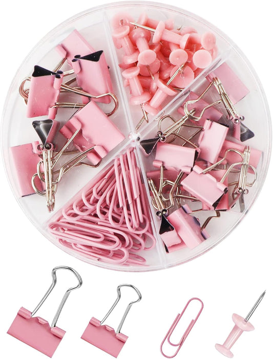 Paper Clips and Binder Clips Set, Metal Assorted Sized Binders with Push Pins, Cute Office Supplies for Desk, Desk Accessories (Pink)