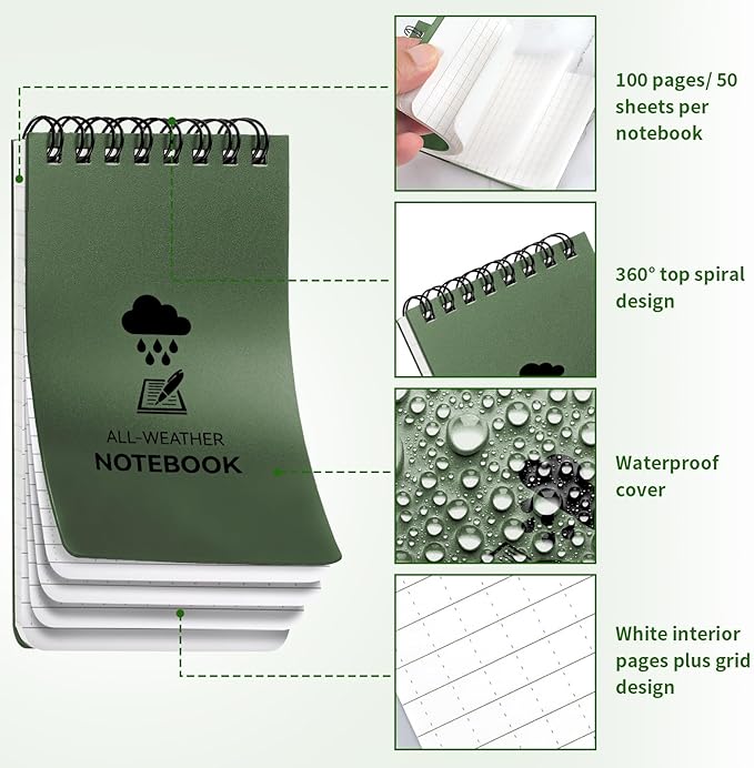 3 Pack Waterproof Notebook, 3 x 5 Pocket Notepad, All Weather Small Pocket Notebook Stone Paper, Mini Spiral Notepad Police Notepad 100 Lined Pages for Outdoor Office