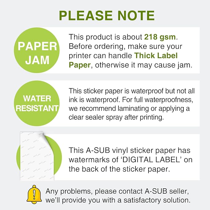 A-SUB 25 Sheets Vinyl Sticker Paper for Inkjet Printer - Glossy Printable Vinyl 8.5x11 Inch Waterproof Sticker Paper for DIY Any Decal You Like