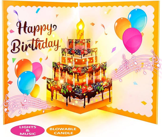 Birthday Cards, Musical Pop Up Birthday Cards with Light, Blow Out LED Light Candle and Play Happy Birthday Music Pop Up Card, 90 Degree Vertical Cake Greeting Card, Birthday Gifts for Women