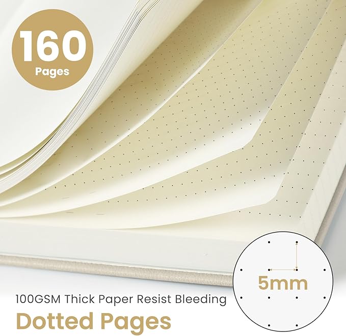 Bullet Dotted Journal Notebook for Women & Men, Hardcover Leather Journal for Writing, A5 Bullet Journaling Notebook for Work & Sketching, Perfect for Office School Home Supplies, 160 Pages, Beige Grey