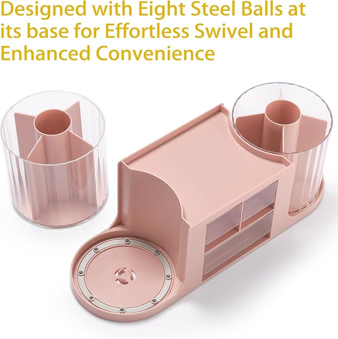 Rotating Desk Organizer with 2 Pen Holder, Desk Organizers and Accessories with 10 Slots Pencil Holder for Desk + 3 Drawer, Art Supply Storage Box Caddy for Office School Home (Pink)