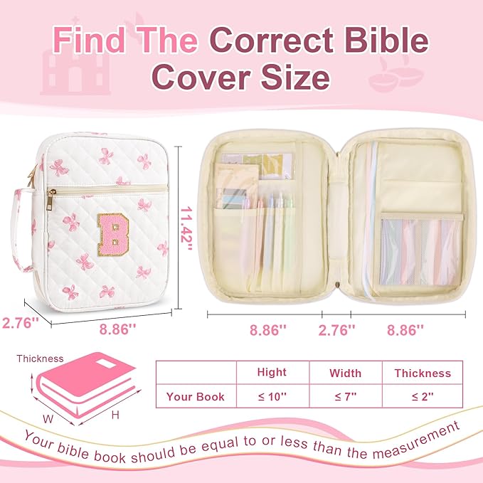 Personalized Initial Bible Cover Case for Women Girls Kid - Large Quilted Bible Case with Handle, Stylish Chenille Letter Bag Study Supplies, Perfect Christmas Gifts for Christians Women (Pink Bow-B)