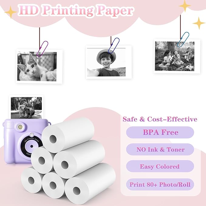 16 Rolls Kids Camera Instant Print Refill Paper Set, Phetium HD Printing Thermal Paper for Most Kids Instant Camera Photo Print (White-16 Rolls)