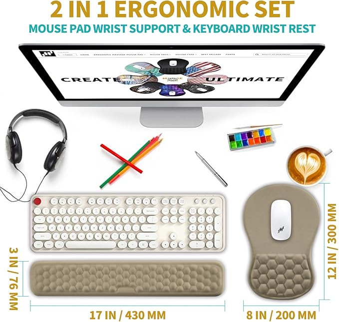 Hokafenle 2 in 1 Ergonomic Mouse Pad Wrist Support & Wrist Rest for Computer Keyboard Set, with Relieve Carpal Tunnel Pain Massage Bulge and Full Memory Gel Design (2In1 Set, Beige)