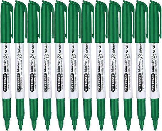 SFAIH Fine Tip Dry Erase Markers - 12 Pack Green Whiteboard Erasable Markers Bulk for Kids Adults, Ideal for Classroom School Office Home Use on White Board, Non-Toxic Easy Clean